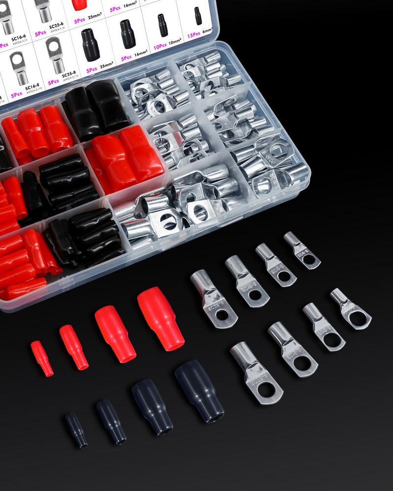 ANVINKU Pack of 140 Tube Cable Lugs, 25 mm² 16 mm² 10 mm² 6 mm² Cable Lugs Set for Car Battery Cable Set, 70 Tube Cable Lugs Set + 70 Sleeves, SC Tube Terminal Set, Cable Lugs for Car Boats 140pcs
