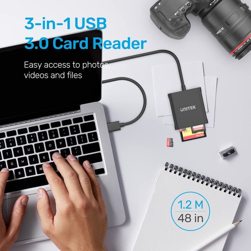 Unitek USB Card Reader 3-Slot USB 3.0 Compact Flash Card Reader, Read 3 Cards Simultaneously, Aluminum Memory Card Adapter CF, TF, SDXC, SDHC, SD, Micro SDXC, Micro SD, Micro SDHC- 4FT (Black) 4ft / Black / USB-A