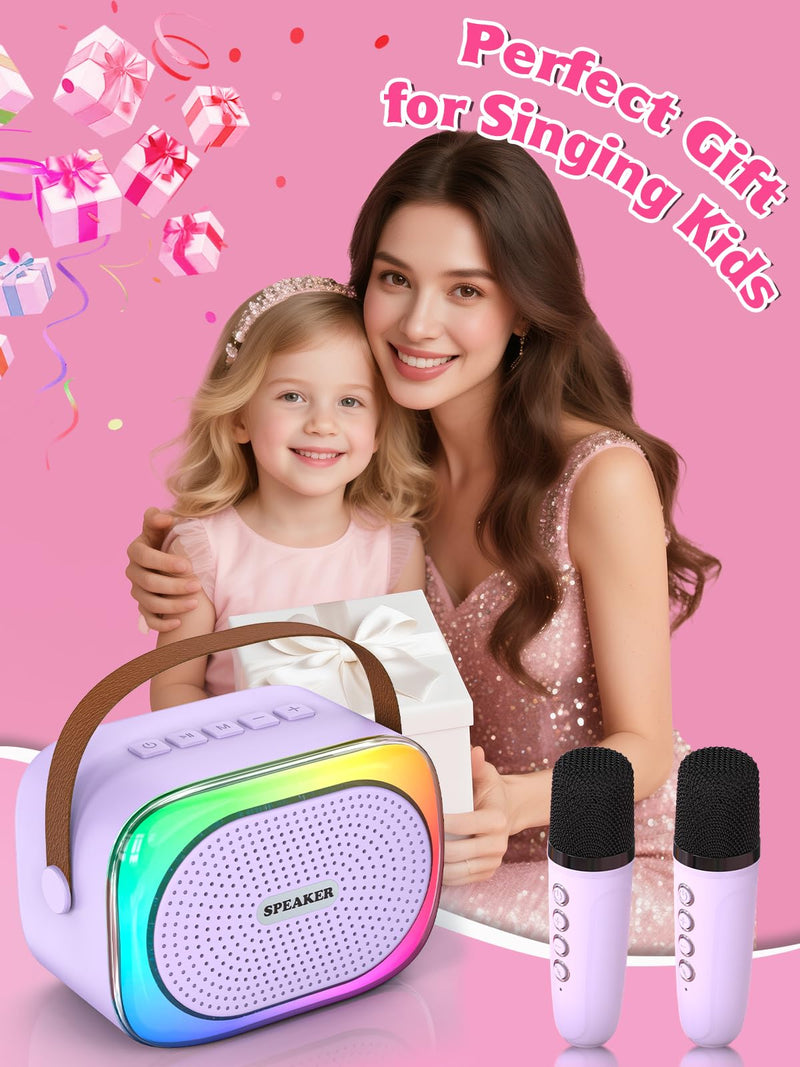 Mini Karaoke Machine for Kids Girls Boys Ages 3-12, Portable Bluetooth Speaker with 2 Wireless Microphones with Voice Changing & LED Party Lights, Birthday Gifts for Family Home Party purple