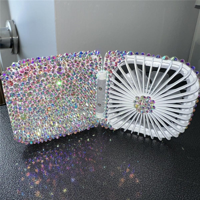 Customized Mixed Rhinestone Rechargeable Mini Handheld/Hanging Portable Usb Battery Operated 3000MA Power Bank Folding Personal Fan for Girls Camping Travelling Outside Indoor Office ab