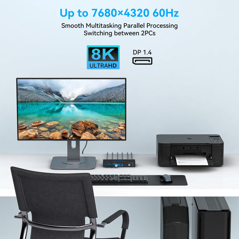 8K@60Hz KVM Switch 1 Monitors 2 Computers Displayport 4K@120Hz | DP KVM Switches Single Monitor for 2 PC/Laptops Share 4 USB 3.0 Ports Support Extended & Duplicate Display Mode