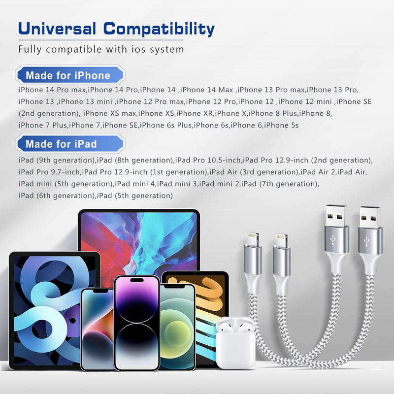 [AUSTRALIA] - [Apple MFi Certified] Short iPhone Charger 1ft 2Pack,USB A to Lightning Cord Nylon Braided 12 Inch Fast Charging iPhone Cable Compatible with iPhone 14 13 12 11 Pro/Max/Mini Xs SE2/iPad for Car 2Pack-1FT silver 