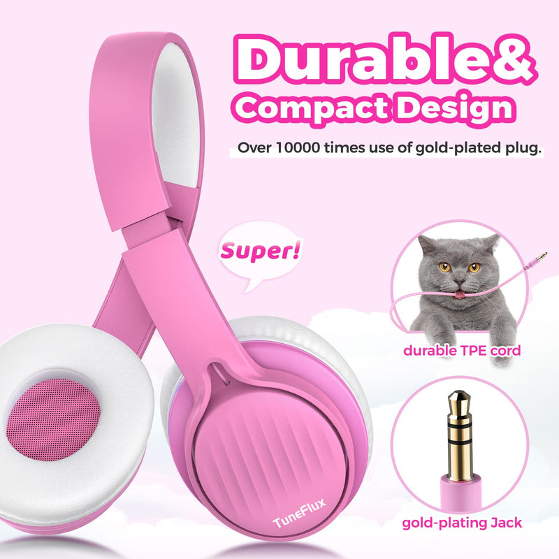 [AUSTRALIA] - TuneFlux Upgraded Kids Headphones, Wired Toddler Headphones, 85dB Limited Volume On Ear Headphones, Portable Foldable Design, Stereo Sound Kids Headphones for School/Tablet/Travel-Pink Pink 