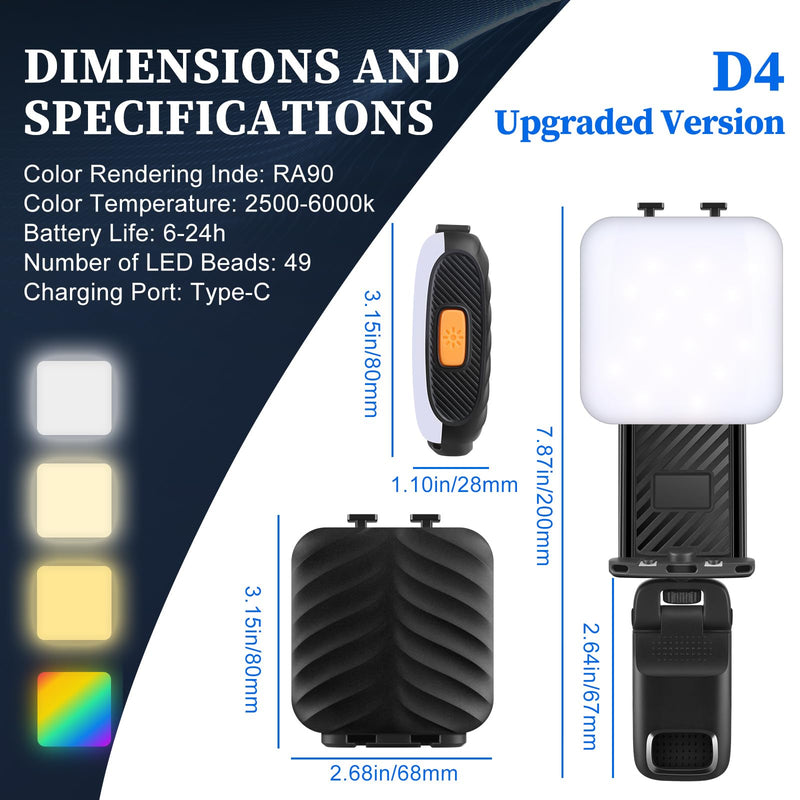 Portable LED Selfie Light with Mini Phone Light Clip,1000mAh Rechargeable, RGB Light Modes. Ideal for Selfie Shooting, Zoom Calls, Tik tok Live Streaming, Video Conferencing. D4