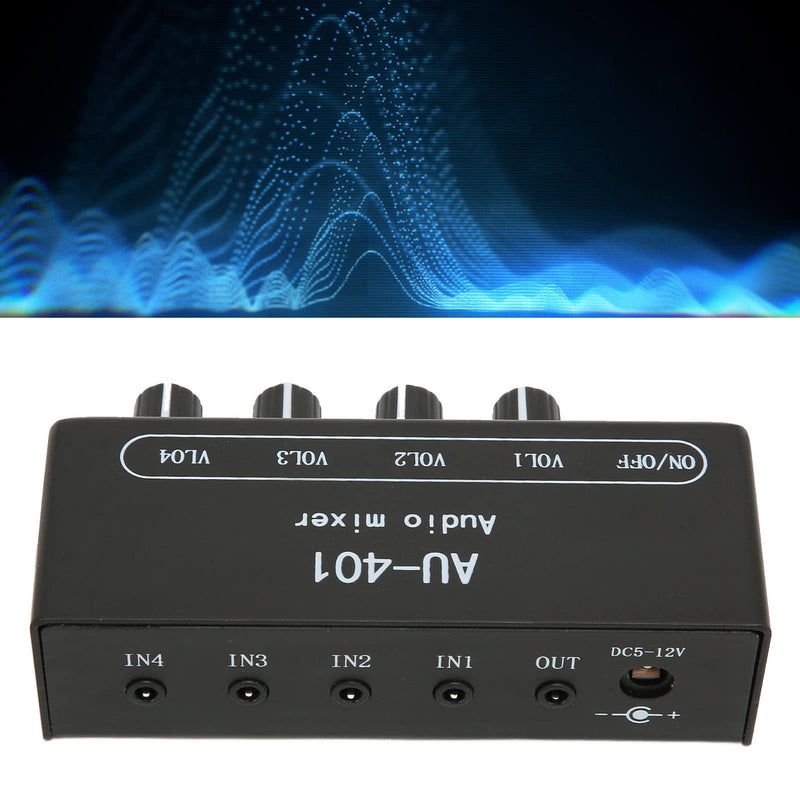 Audio Mixer, 4 in 1 Out Independent Volume Control 3.5mm Stereo Socket 2x Amplification Line Mixer Anti Interference Metal Housing Mini Audio Mixer for PC, Cell Phones, Laptops