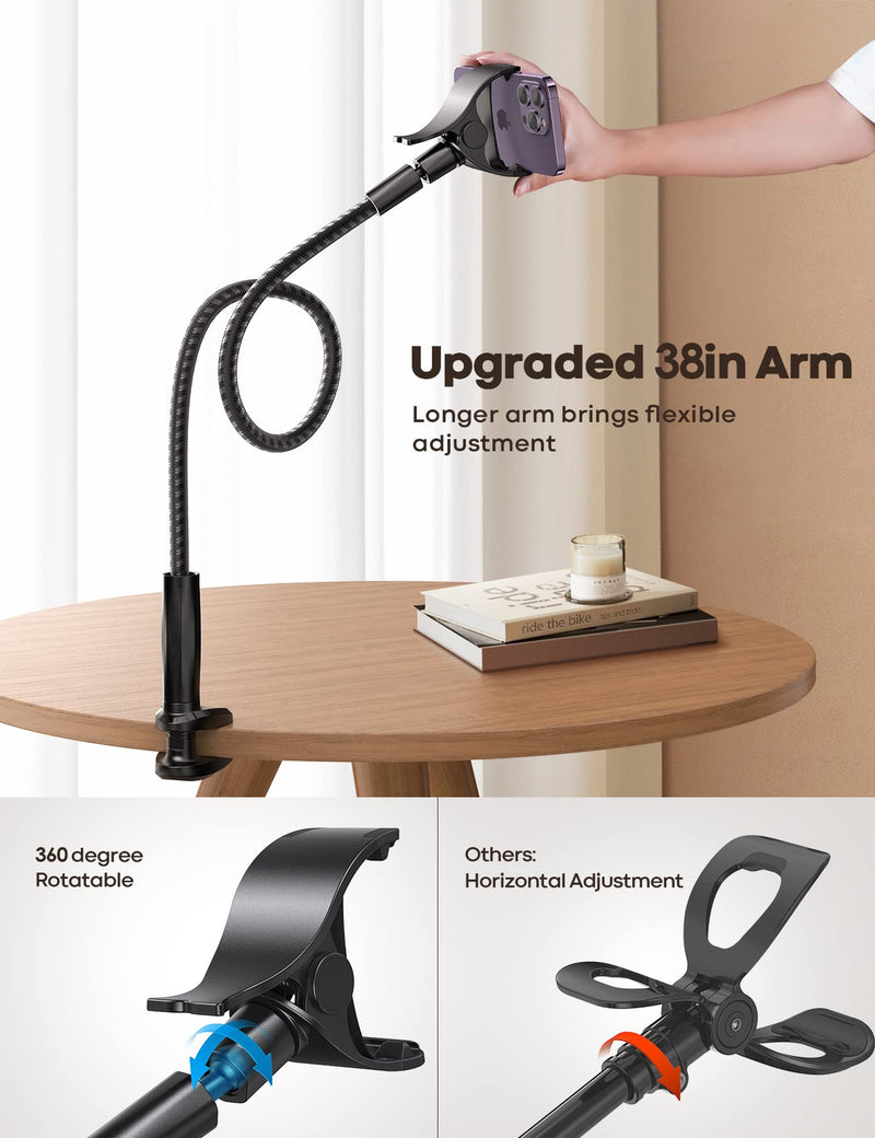 Lamicall Gooseneck Phone Holder Bed - [Nylon Braided] Flexible Arm, 38inch Overall Length, 360 Adjustable Clamp Clip, Overhead Cell Phone Mount Stand for Bed, Desk, 4-7” Cellphone Black
