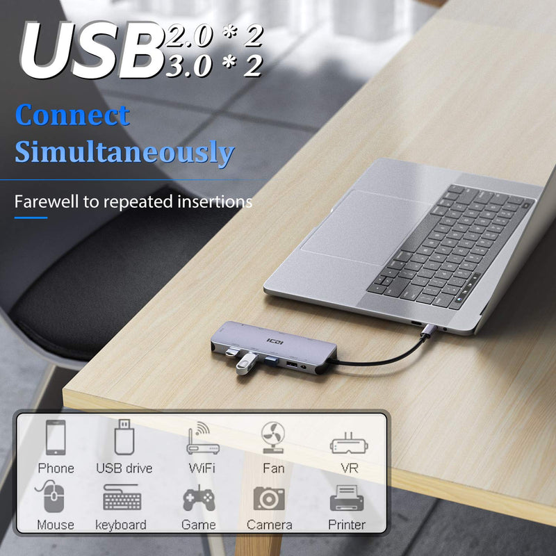 USB C Hub ,Type C Hub ,ICZI 11 in 1 Adapter with Ethernet ,4K USB C to HDMI,VGA, 2 USB 3.0 2 USB 2.0, SD/TF Card Reader,Mic/Audio,USB C Pd 3.0, Compatible for Mac Pro and Other Type C Laptops