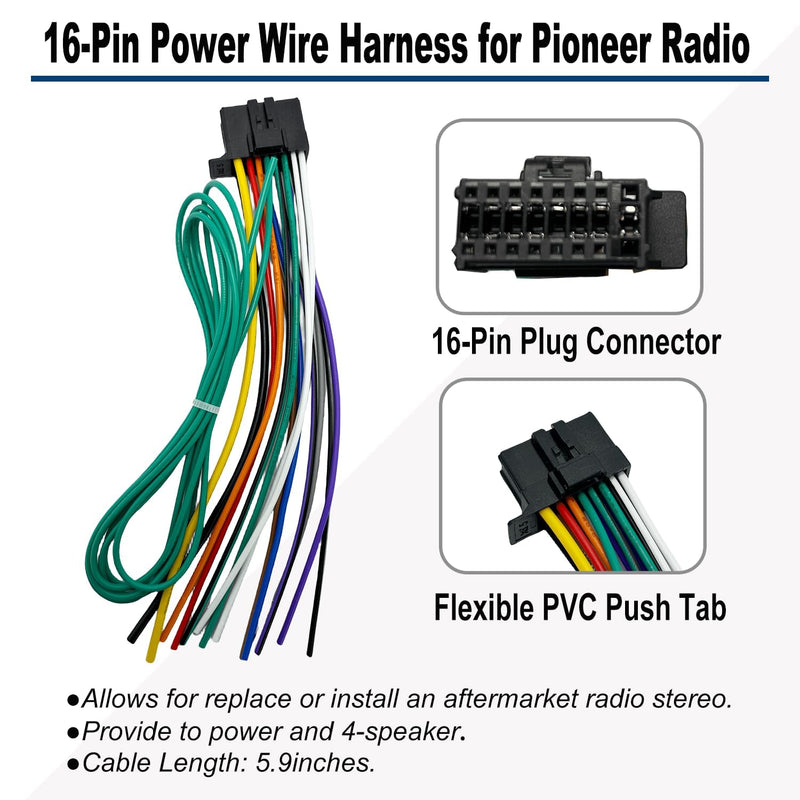 16 Pin Pioneer Wiring Harness Radio Stereo Connector for Aftermarket Radio Wire Harness Replacement for Pioneer DEH AVH AVIC MVH FH SPH Pioneer Stereo Power Plug for AVH-120BT AVH-1500NEX AVH-200EX