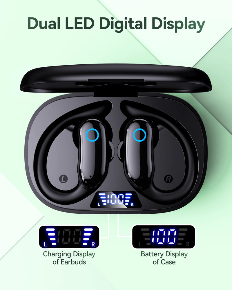 GNMN Active Noise Cancelling Ear Buds Wireless Earbuds 96hrs Playback Bluetooth Headphones Dual Battery Display Stereo Bass Earphones with Earhooks Microphone IPX7 Waterproof for Sports/Runing/Workout Black