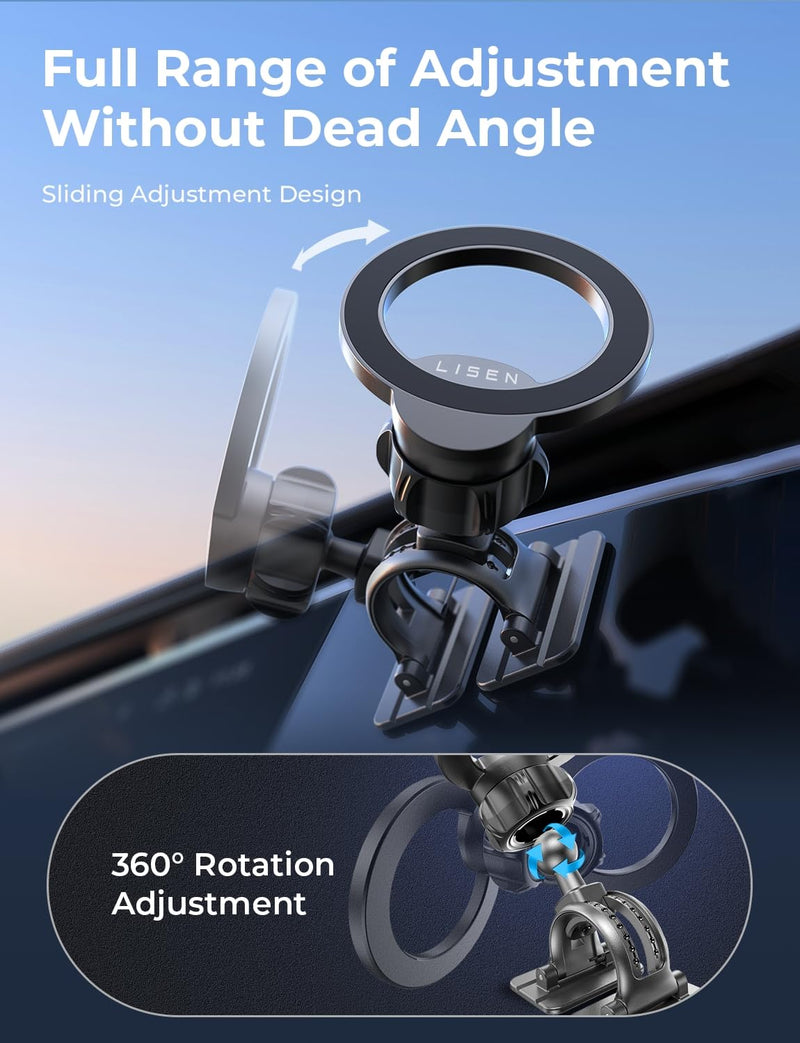 LISEN Flexibly Install for MagSafe Car Mount, 360° Rotation Magnetic Phone Holder for Car, Hands Free iPhone Car Holder Mount Dash Vent Phone Mount for Car for iPhone 15 14 13 12 Pro Max Plus Mini Dashboard & Vent