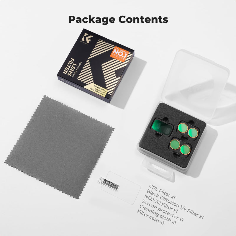 K&F CONCEPT 3-Pack Filter Kit Compatible with DJI Osmo Pocket 4P | CPL + Black Diffusion 1/4 + ND2-32 Filter Set with Snap-fit Mount, Ultra-Slim, Stowable, Versatile for Photography, FD172 CPL+Black Diffusion1/4+ND2-32