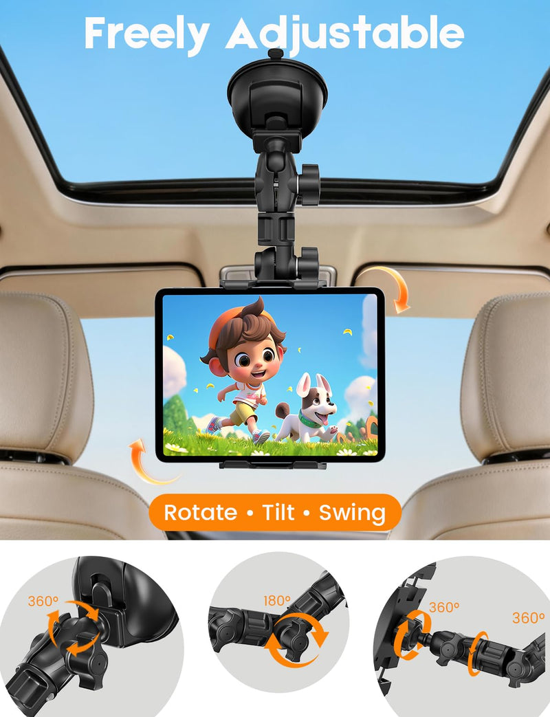 OHLPRO Heavy Duty Tablet Holder for Truck Dashboard & Windshield, 90mm Large Suction Cup Mount, 360° Rotating Long Arm iPad Holder for Aircraft Cockpit, Semi, RV & Boat, Fits 4.7–13" Devices