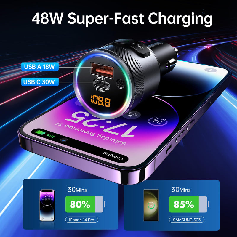 Syncwire Bluetooth 5.4 FM Transmitter for Car, 38W PD&QC3.0 Dual USB Charging Bluetooth Car Adapter Microphone & Bass Sound MP3 Music Player FM Kit with Hands-Free Calling Silver
