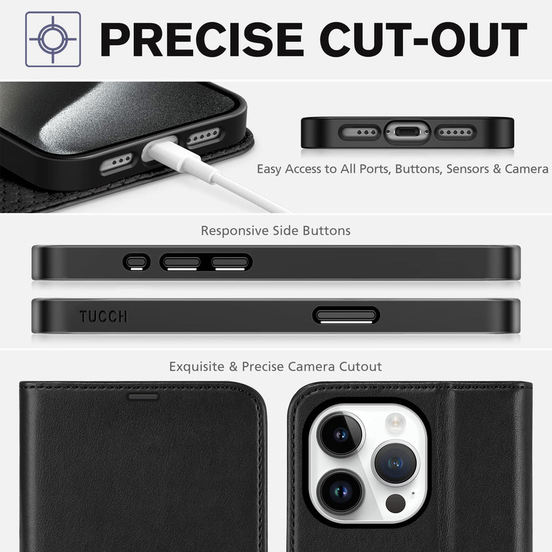 TUCCH Case for iPhone 15 Pro Wallet Case, RFID Blocking [4 Card Holder] Kickstand [Shockproof TPU Inner Shell] PU Leather Magnetic Protective Flip Cover Compatible with iPhone 15 Pro 6.1" 2023, Black