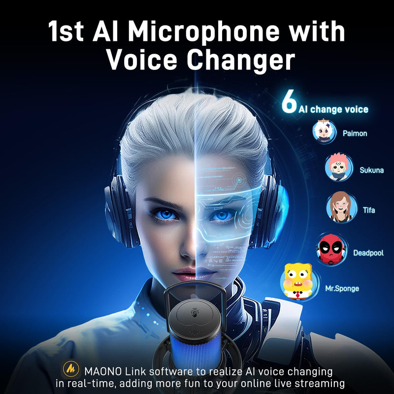 MAONO Wireless Microphone for PC,Gaming Streaming Condenser Mic with Software AI Voice Change,3-Level Noise Cancellation,Custom EQ,Gain Control USB Mic for Podcast Recording (DM40-Black) DM40 AI Mic DM40-Black
