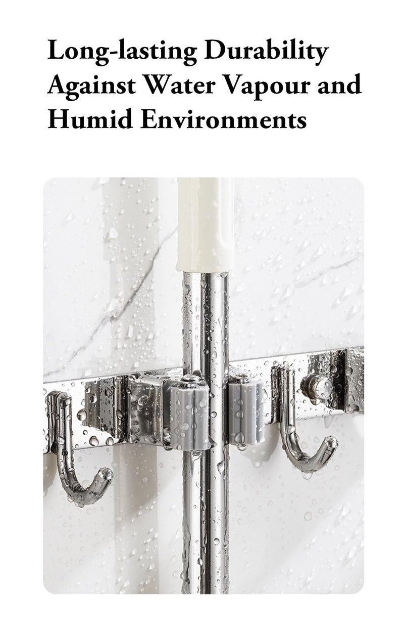 [AUSTRALIA] - Mokife Broom Holder Wall Stainless Steel Garden Tool Holder Wall Mount with 5 Holders 4 Hooks Broom Holder Self-Adhesive Tool Holder Organiser for Kitchen Bathroom Garage Garden Office (5 Holders) 5 Halter 