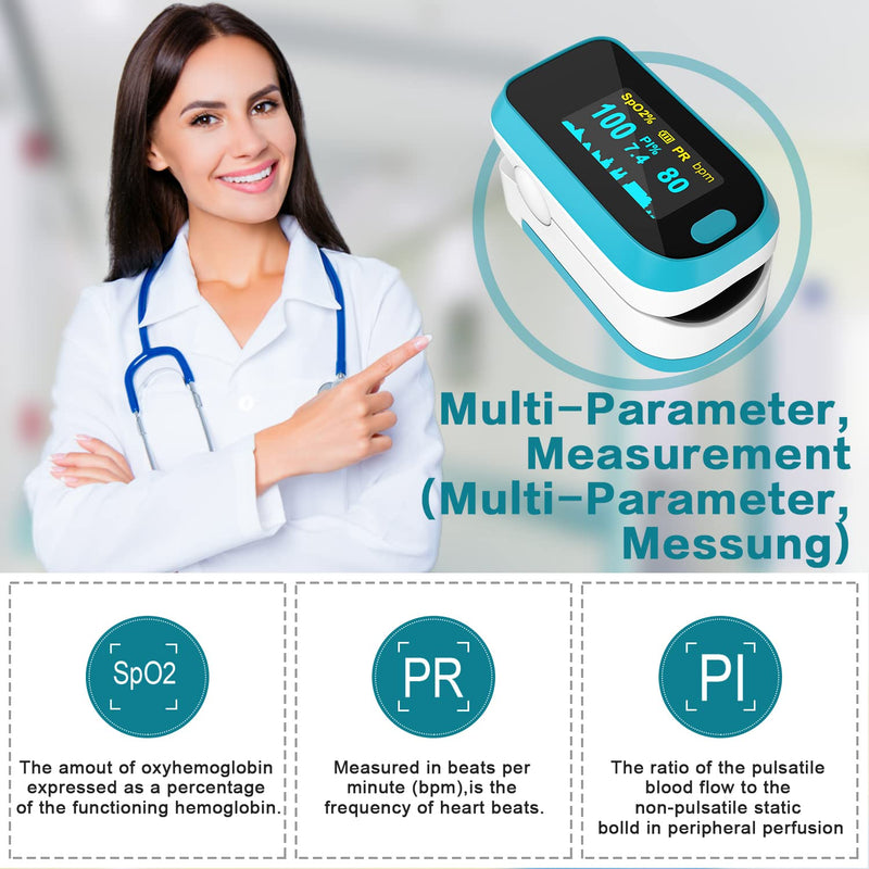 MOMMED Pulse Oximeter, Oxygen Saturation Meter, Finger Pulse Oximeter with Alarm for Measuring Oxygen Saturation (SpO2), Pulse Monitor for Children and Adults, OLED Display that Rotates blue-white