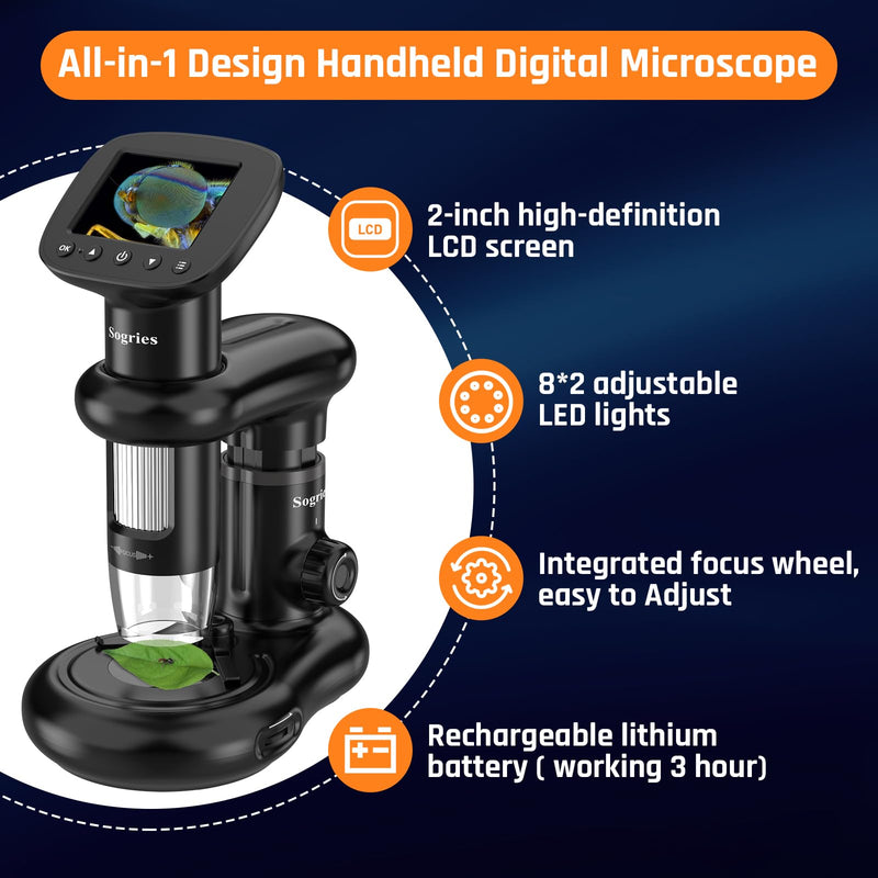 [AUSTRALIA] - 1000x Microscope-Handheld Digital Microscope for Children with 2" LCD Screen,Pocket Microscope for Kids with 8 Adjustable LED Lights,Coins Electronic Magnifier Camera,USB to PC,Including 32GB SD Card 