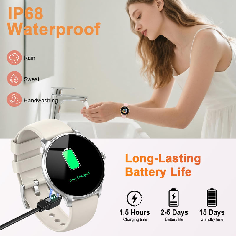Smart Watch for Women, 1.32'' AMOLED Clear Screen, 2026 New Lightweight Women Smart Watch, Answer/Make Calls, Fitness Tracker with Heart Rate/Sleep/Step Counter, IP68 Waterproof, Gift for her, White off-white