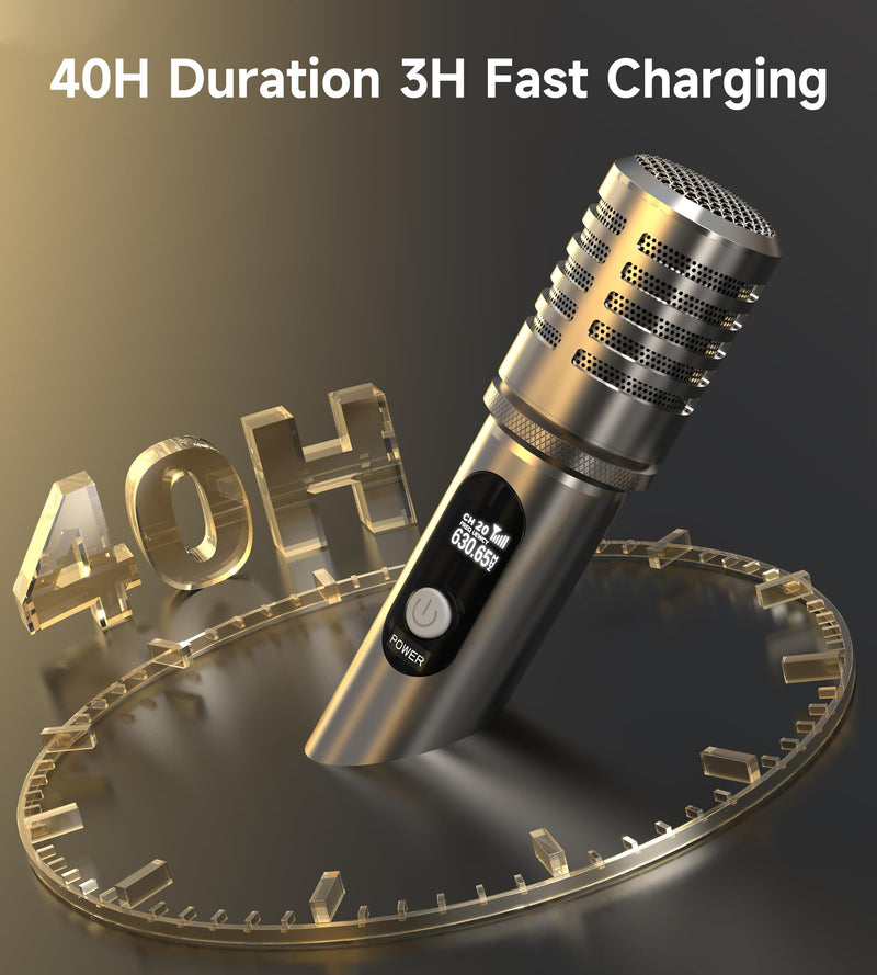 Wireless Microphone, Metal Dynamic Mic System with One-to-One Chip Connection and Rechargeable Receiver, 40H Duration, 200FT Range Receiving, Less Latency Karaoke Microphone for Singing