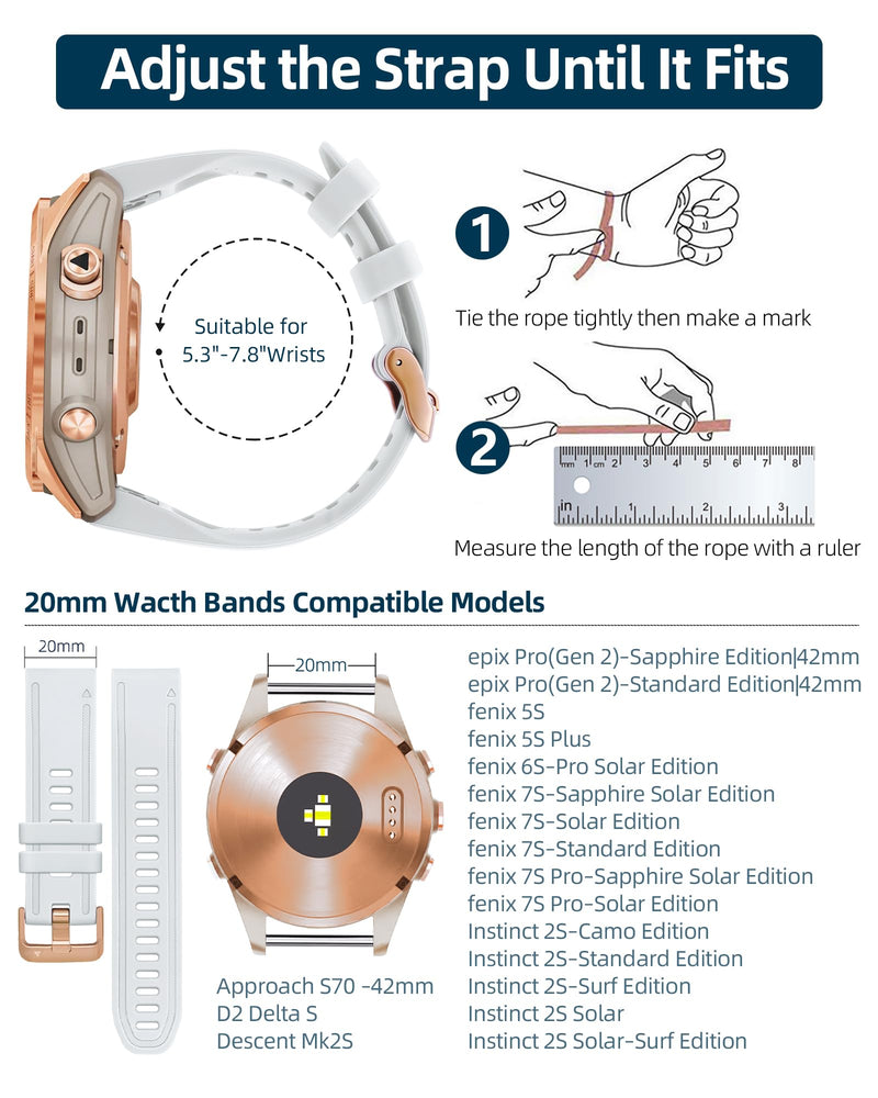 20mm Watch Band Replacement for Garmin fenix 5S/5S Plus/6S/7S/Instinct 2S/D2，Quick Fit silicone with rosegold buckle, BLACK and WHITE Bundle