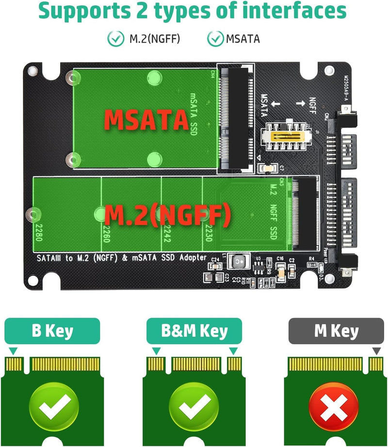 ELUTENG M.2 SATA to SATA Adapter (Not Support NVME/M.2 PCIE) MSATA and B Key/B&M Key M.2 NGFF SDD to 2.5" SATA III 2 in 1 Converter Supports MSATA/M.2 NGFF SSD Not for M Key M.2 NGFF/MSATA to SATA