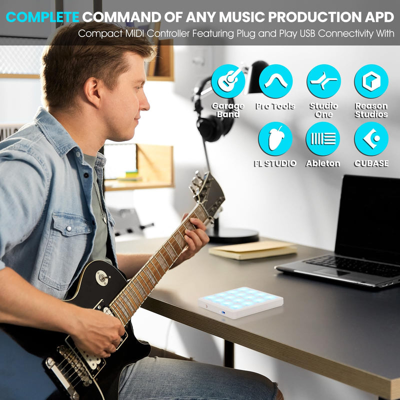 M-VAVE Wireless MIDI Controller Pads, 4.1 * 4.1 Inch, 0.28 LBS, Bluetooth Portable USB with 16 Drum, Note Repeat, Full Level Buttons, Rechargeable battery (White Pocket) White Pocket