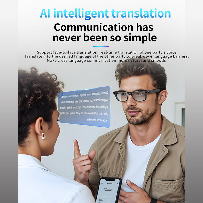 AI Smart Camera Glasses Bluetooth Real Time 130+ Language Translation Eye Glasses 1080P Video Recording Open Ear Audio Handsfree Eyewear with 16GB Storage for Office Work Computer Travel Vlog Clear