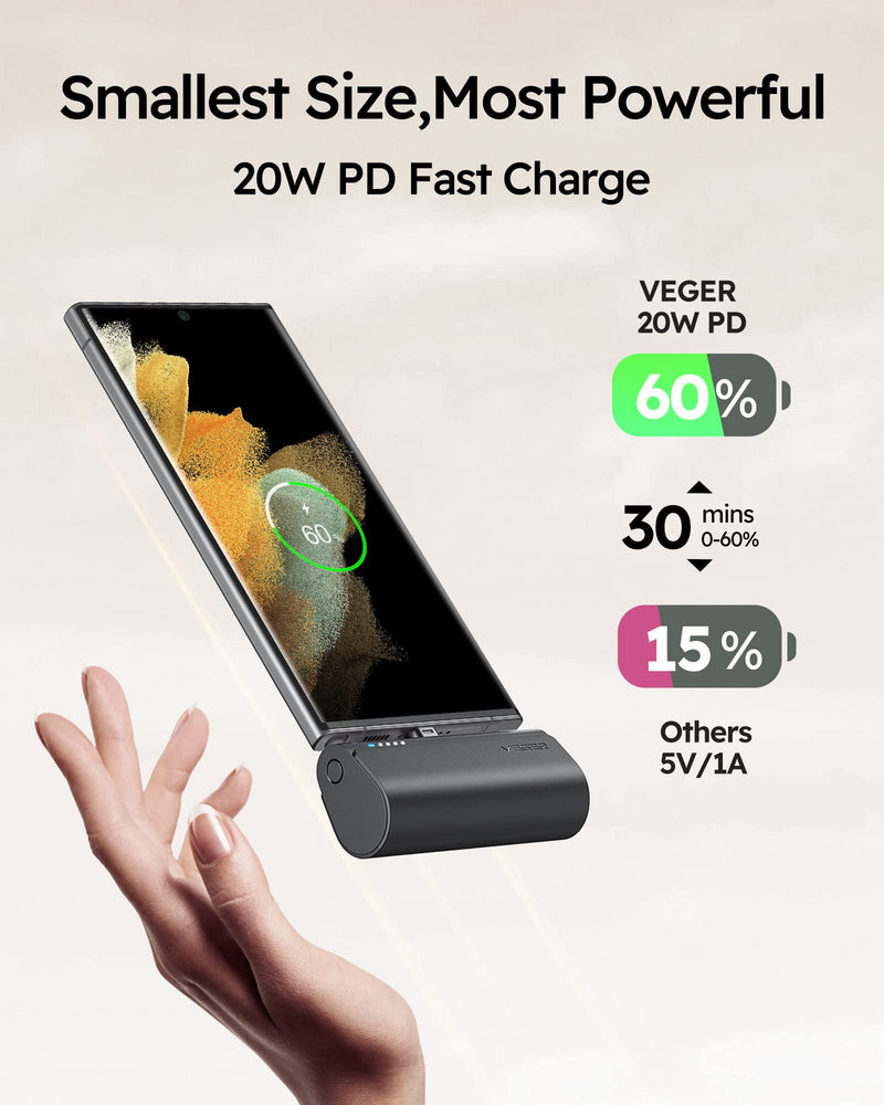VEGER Portable Charger, USB C Power Bank, 5000mAh Mini Battery Pack Fast Charging 20W Small Charging Bank for Samsung Galaxy S21, S20, S10, S9, Note 20, Pixel, Moto, LG, Oculus Quest, Android Phones D Black