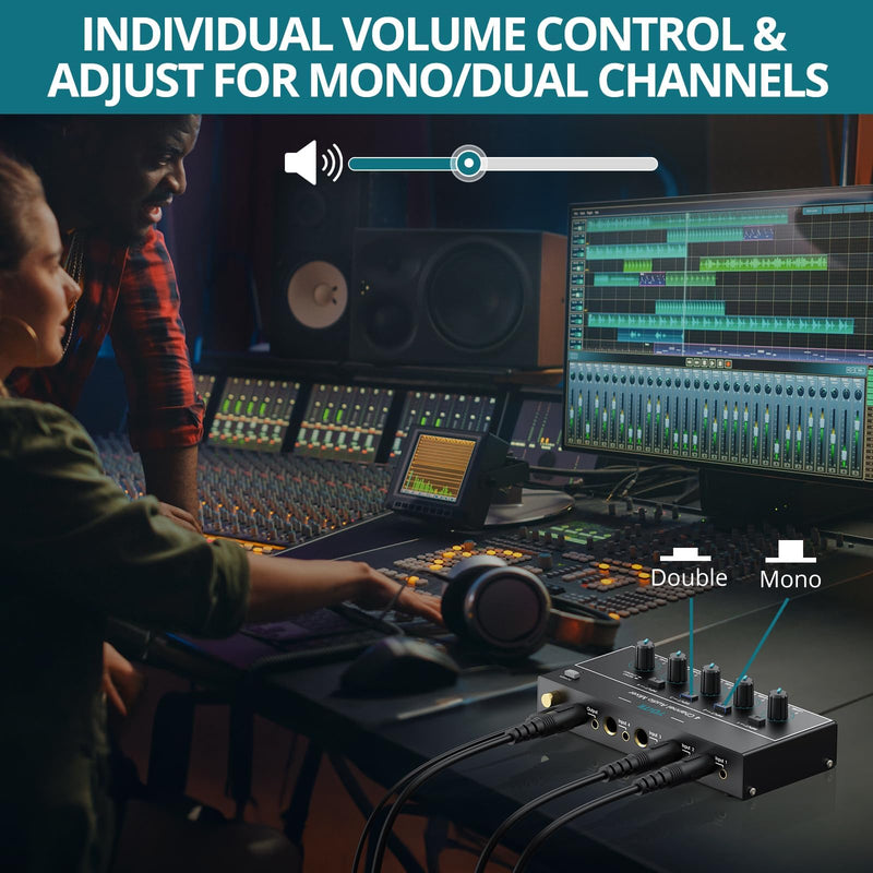 Mini Audio Mixer, 4 Channel Stereo Line Mixer 1/4" & 1/8" TSR Audio Output Input Jack, Line Mixer Stereo/Mono Independent Control and Switch for Guitars,Bass,Keyboards, Dynamic Microphone