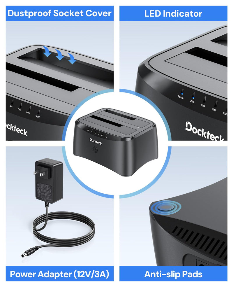 Hard Drive Docking Station, dockteck USB 3.0 to SATA Dual Bay External Hard Drive Enclosure for 3.5 or 2.5 inch SATA HDD SSD with Offline Clone 2 Bay Black