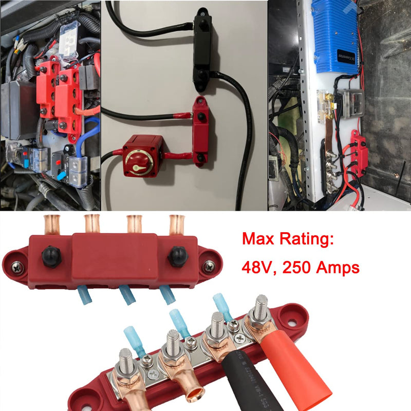 Heart Horse Power Distribution Block Bus Bar 3/8'' Terminal Stud 4 Post with Cover 250 Amp Rating for Marine Automotive and Solar Wiring RV Boat (250A, 3/8'', Red+Black) 3/8''