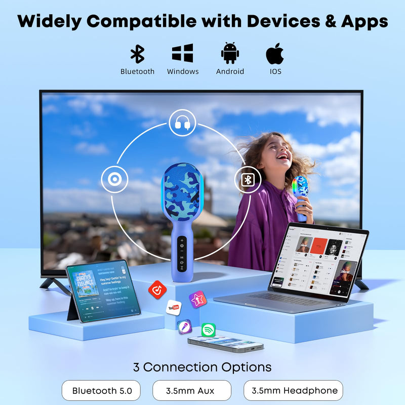 Karaoke Microphone Wireless Bluetooth with Speaker, Portable Handheld Mic for Kid Adult, 6 Voice Changer & 4 LED Light Effects, Singing Microphone with Speech Mode, Birthday Gift for Girls Boys Teens Blue