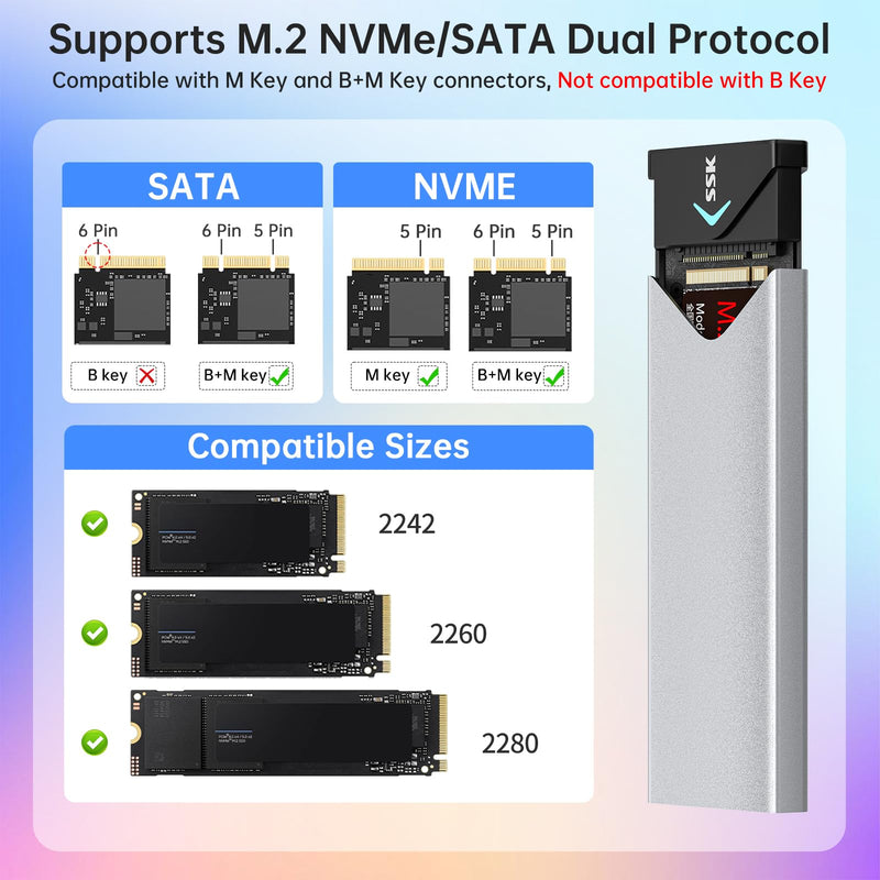 SSK Bundles with Tool Free M.2 NVME SATA SSD Enclosure Adapter, USB 3.2 Gen 2 (10 Gbps) and Screw Installation M.2 NVME SATA SSD Enclosure Adapter, USB 3.2 Gen 2 (10 Gbps)
