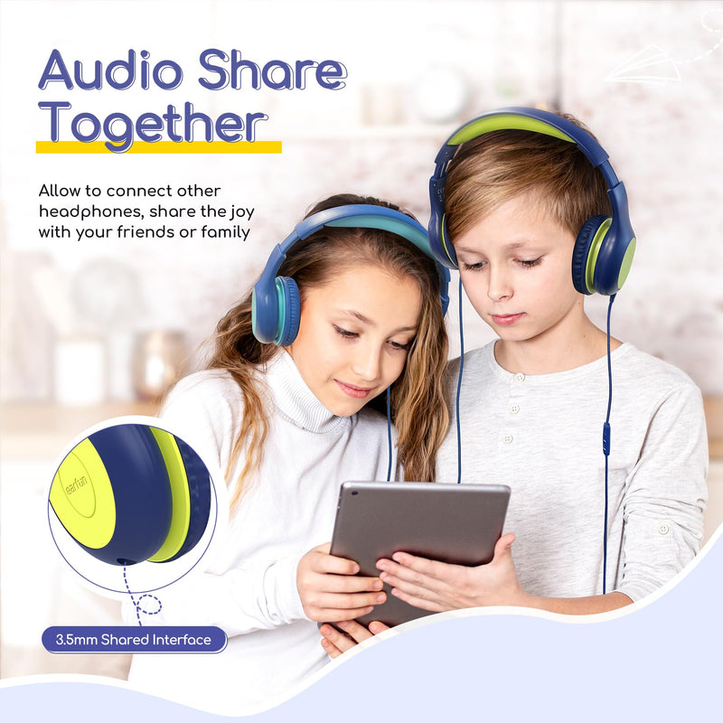 EarFun Kids Headphones Wired with Microphone, 85/94dB Volume Limit Headphones for Kids, Portable Wired Headphone with Shareport, Stereo Sound Foldable Headset for School/Tablet/iPad, Blue Lemon Plug 3.5mm