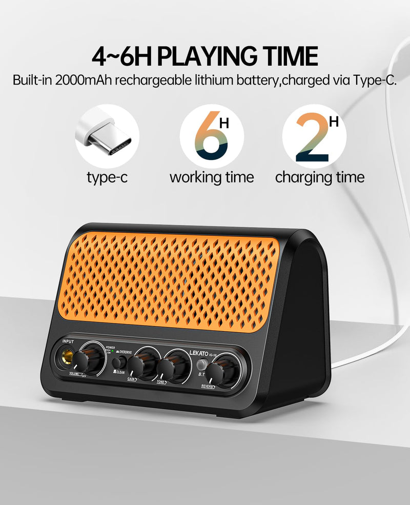 Mini Guitar Amp,LEKATO 10W Portable Electric Guitar Amplifier with Clean & Overdrive Channel,Reverb,Bluetooth Small Guitar Amp for Practice (Black-Orange) Black-Orange
