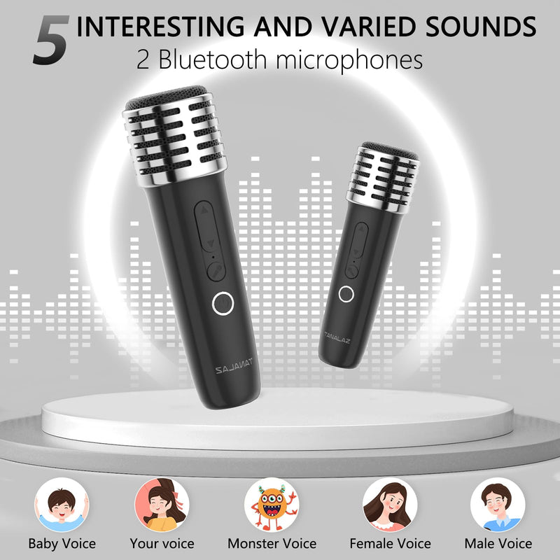 Karaoke Machine 2 Microphones for Home Party with Phone Holder, Wireless Portable Bluetooth Speaker with Dynamic Lights for Kids Adults Mini Voice Changer Mic Speaker Set for Halloween Christmas Girls Black