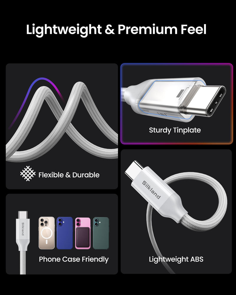 Silkland USB4 for Thunderbolt 4 Cable 10FT/3M, 40Gbps, 240W, 8K/Dual 4K | Braided USB C Video Cable Compatible for MacBook, iPhone 17/16, iPad, SSD, Docking, White 10 Feet