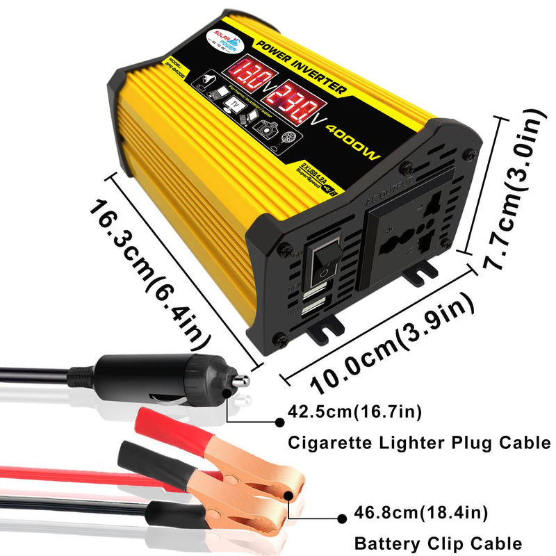 YUHOME Modified Sine Wave Inverter High Frequency 4000W Peak Power Watt Power Inverter DC 12V to AC 110V Converter Car Power Charger Inverter with 2.1A Dual USB Port Battery Clips Display Screen