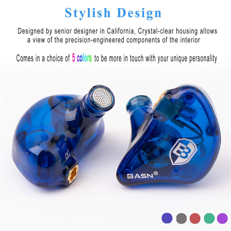 BASN High-Definition in Ear Monitor Headphones for Musicians with Detachable MMCX Earbuds; Dual Dynamic Drivers and Noise-Isolating (Blue) Blue