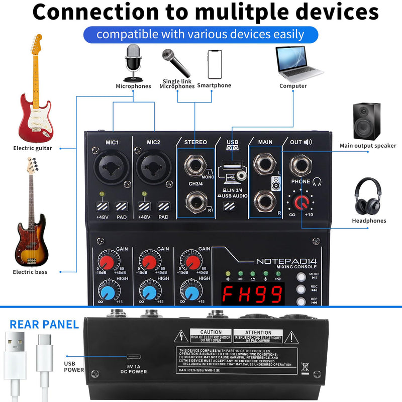 4 Channel Audio Mixer with 99 Sound Effects for PC,BT DJ Mixer Portable Sound Mixing Console with USB Recording Input for Live Streaming,Podcasting,DJ Show,Wedding