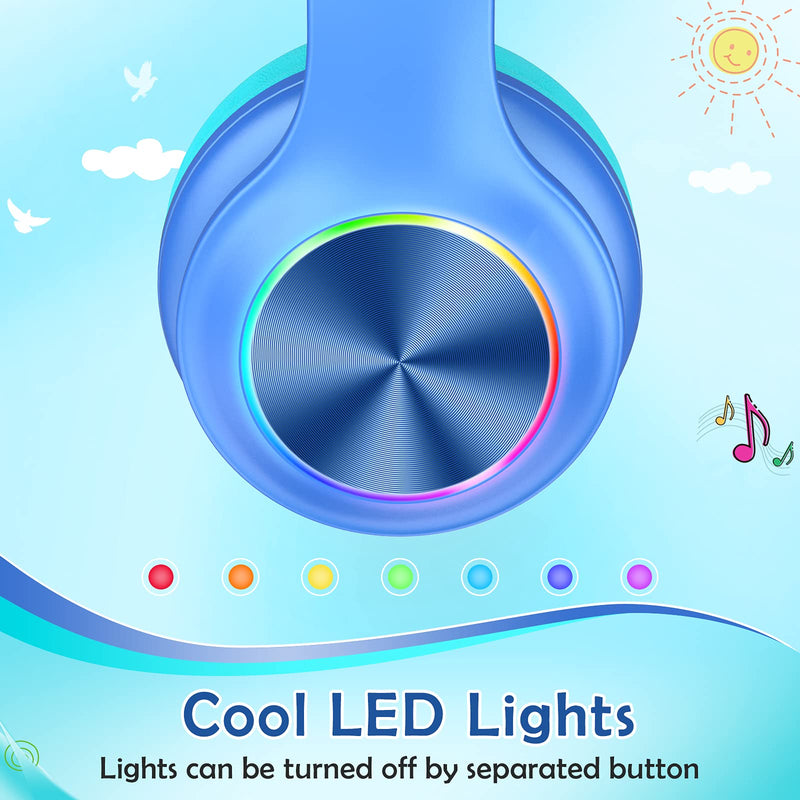 2023 Bluetcooth Kids Headphones Fit for Aged 3-21, Colorful LED Lights Comfort Wireless Headphones with Microphone 94dB Volume Limited for School/iPad/PC/TV/Cellphones, Wired & TF Card Mode, Blue