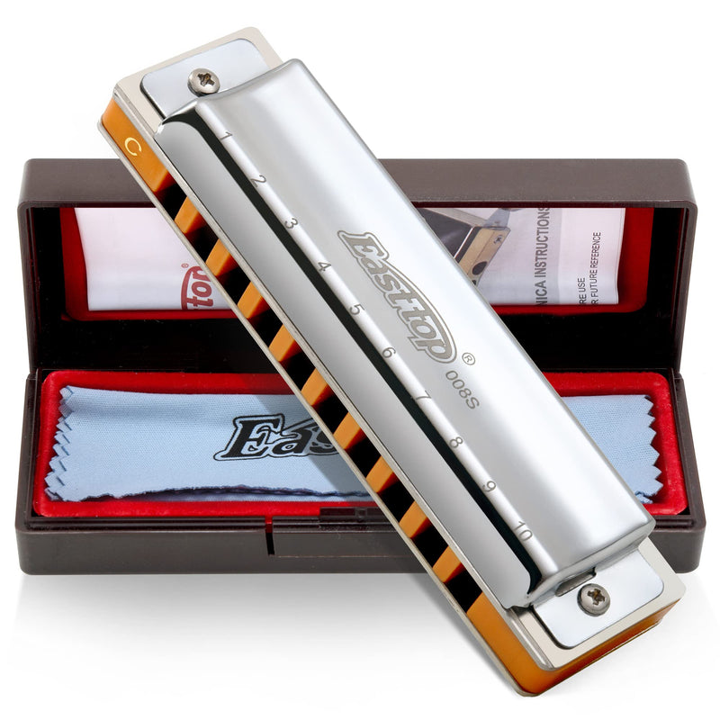 [AUSTRALIA] - East top Harmonica, Advanced Diatonic Harmonica Key of C, 10 Holes Mouth Organ Harmonica with Silver Cover, Blues Harmonicas For Adults, Professionals and Students 