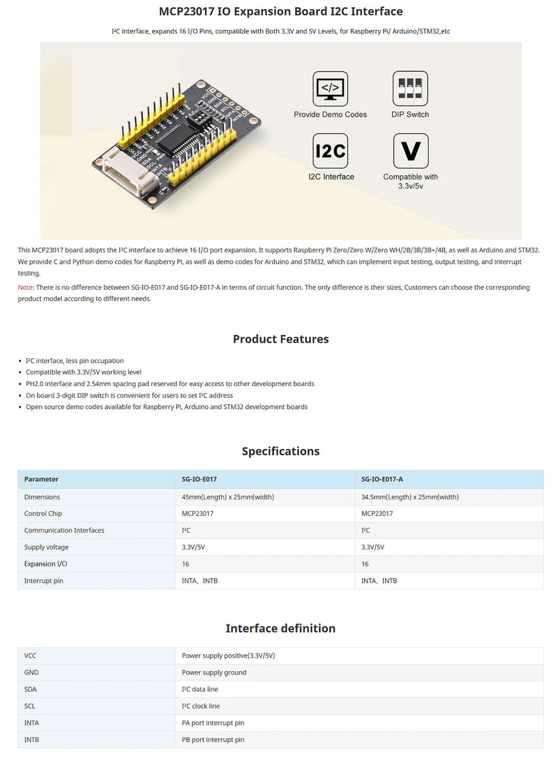 SEENGREAT MCP23017 IO Expander Module I2C Interface Expands 16 I/O Pins for Ardui/Stm32/Raspberry Pi Zero W Zero WH 2B 3B 3B+ 4B, 3.3V and 5V Levels, 3-Digit DIP Switch