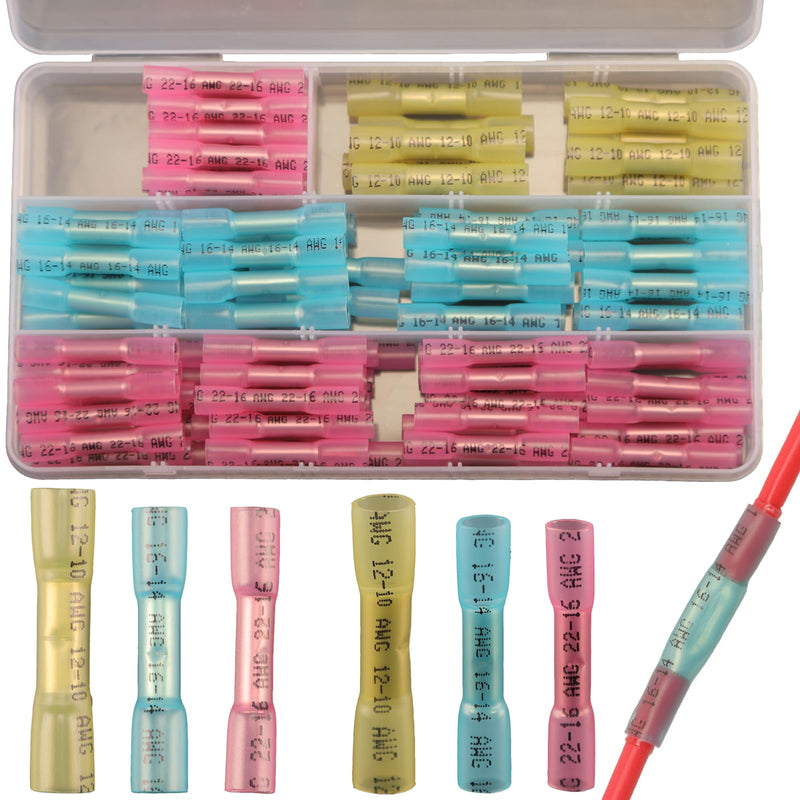 115pcs Heat Shrink Butt Connectors Kit, Waterproof Butt Splice Terminal Connectors, 3 Types Marine Grade Wire Butt Connectors Crimp, Insulated Electrical Cable Terminals Kit for Wiring