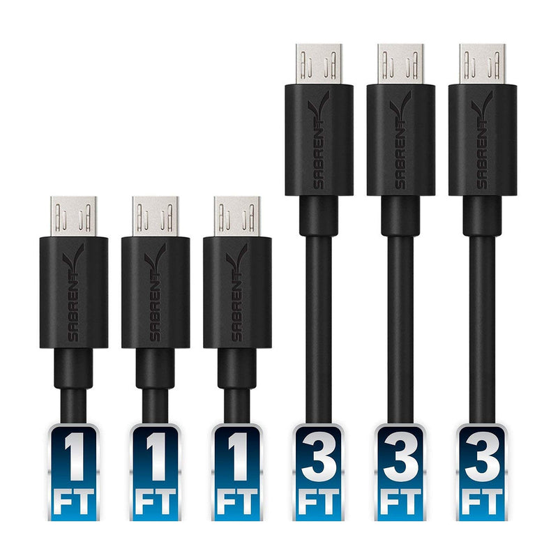 SABRENT 4-Port USB 2.0 Hub with Individual LED lit Power Switches + [6-Pack] 22AWG Premium Micro USB Cables (X3-3ft + X3-1ft) High Speed USB 2.0 A Male to Micro B Sync and Charge Cables