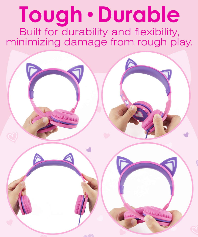 [AUSTRALIA] - FosPower Kids Headphones with LED Cat Ears (Safe Volume Limit 85 dB), 3.5mm On-Ear Wired Headphones with Laced Tangle-Free Cables for Boys/Girls/School/Travel - Hot Pink/Purple Hot Pink / Purple 