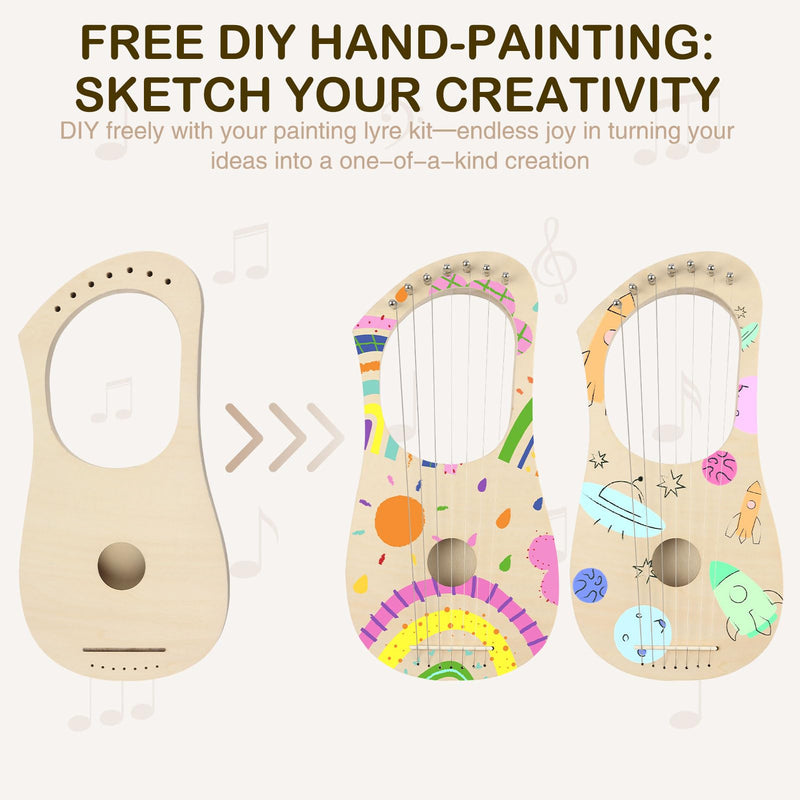 [AUSTRALIA] - Lyre Harp 7 String DIY Kit, Wooden Instrument Kit Handmade with Basswood Body Strings Tuning Wrench Saddle Bridge Pins, Easy Assembly for Beginners and DIY Enthusiasts 