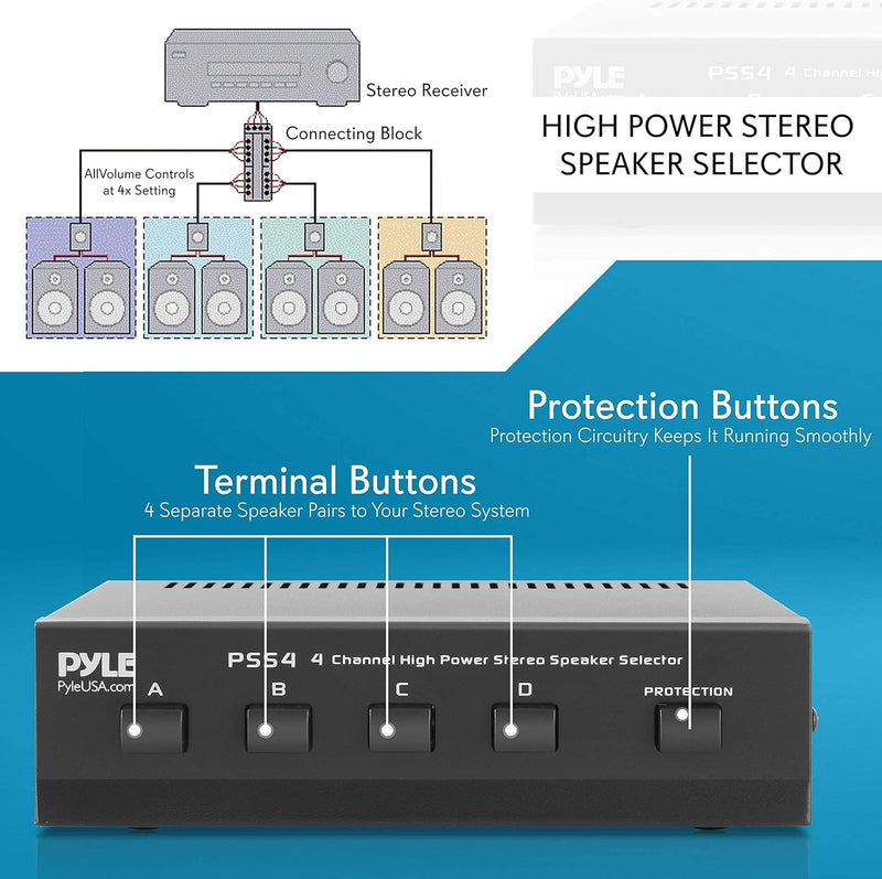 Pyle 4-Zone Speaker Selector Switch - A/B/C/D Switches for Multi-Channel High-Power Amp Installations - Sound Distribution Hub - Supports up to 4 Pairs of Switched Speakers - PSS4.2