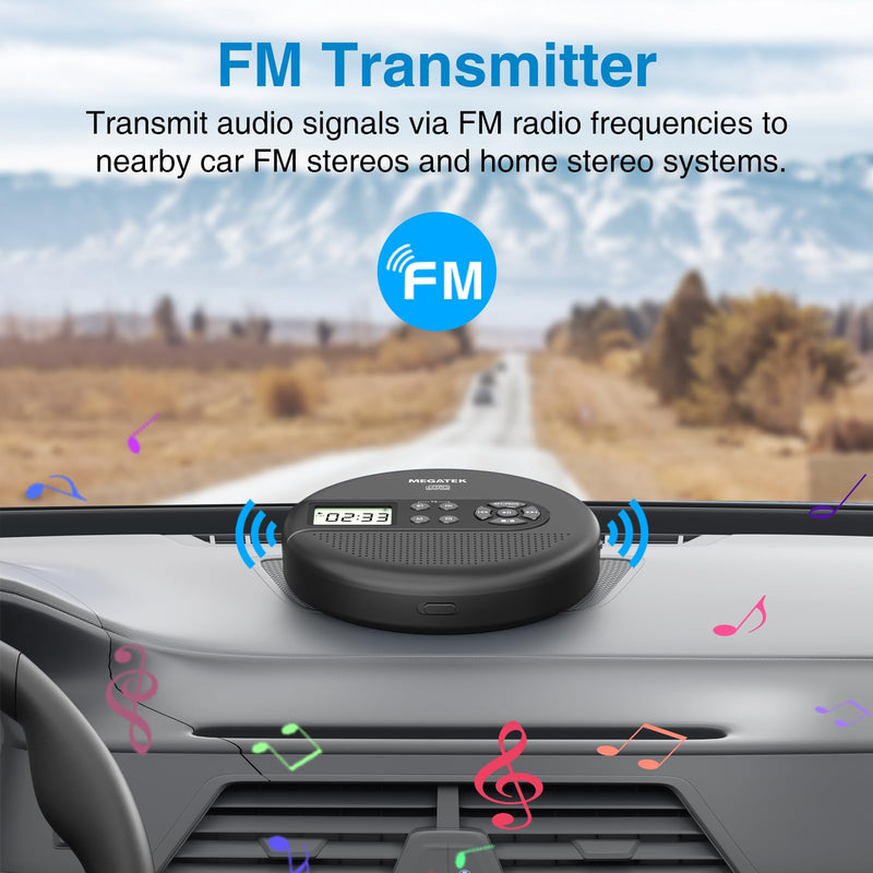 MEGATEK Portable CD Player with Dual Stereo Speakers and 60 Seconds Anti Skip, Personal Walkman CD Player for Car with headphones, USB Port, Bluetooth and FM Transmitter, 2000mAh Rechargeable Battery